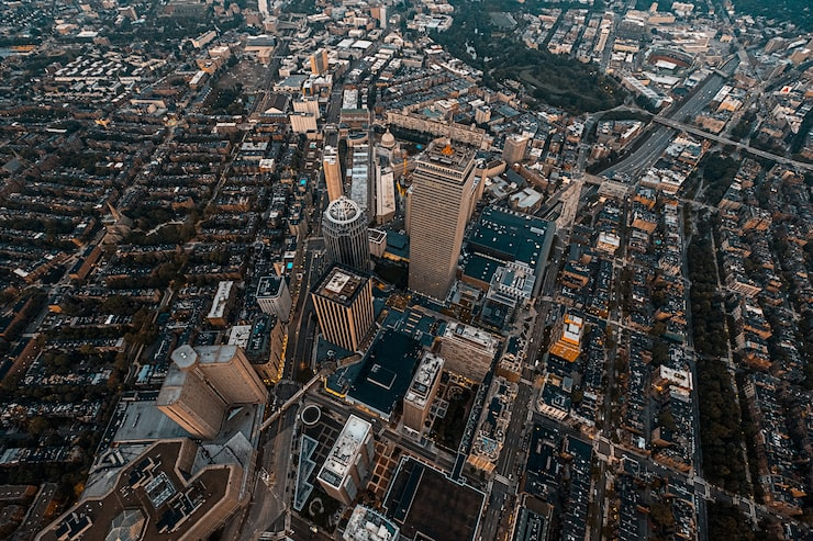 Aerial city and infrastructure view